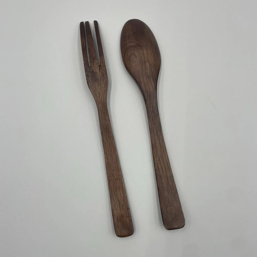 Vintage 10” Wooden Folk Art‎ Hand Carved Fork and Spoon Set Salad Server Cottage